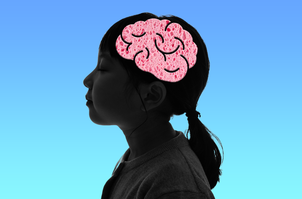 A girl with a brain made of pink sponge in silhouette against a blue-green background