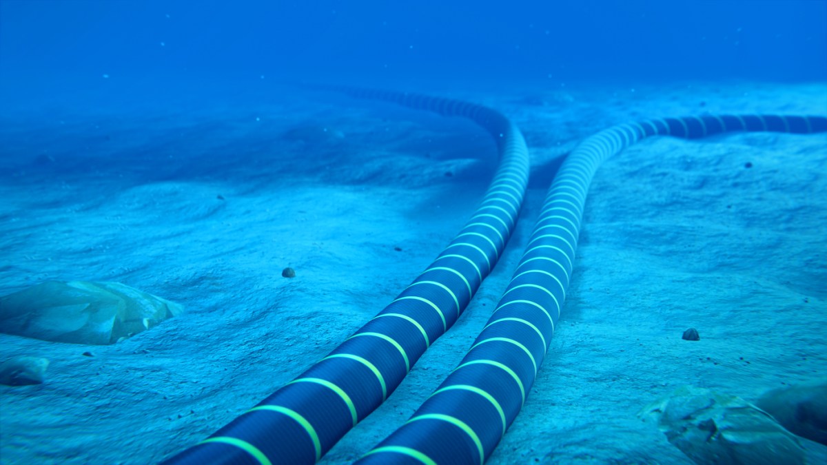 Two thick black cables extend out across the ocean floor, in a bright blue underwater view.