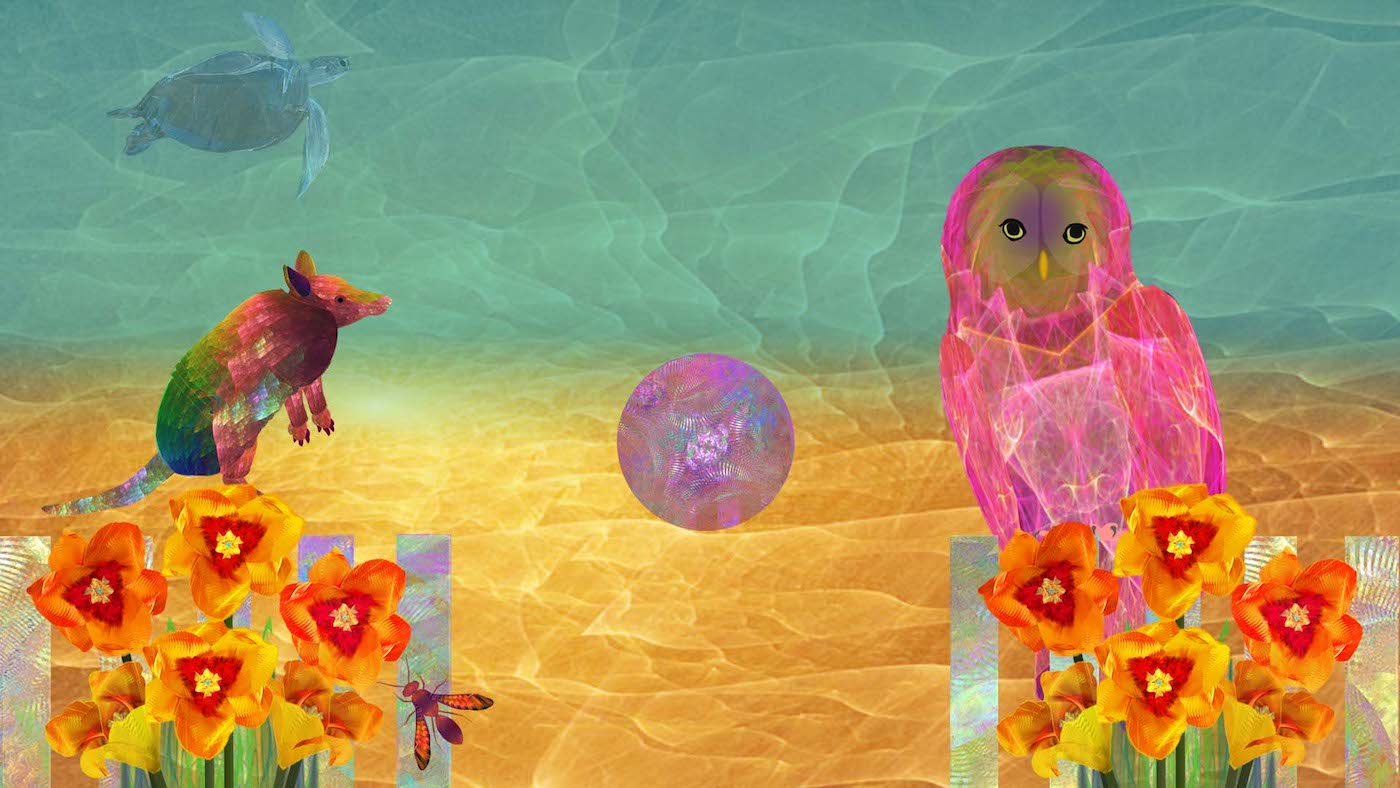 An armadillo and an owl in bright, psychadelic colors sit on a beach made out of geometric fractals. A blue turtle swims in the water behind them, and orange flowers are planted in the foreground