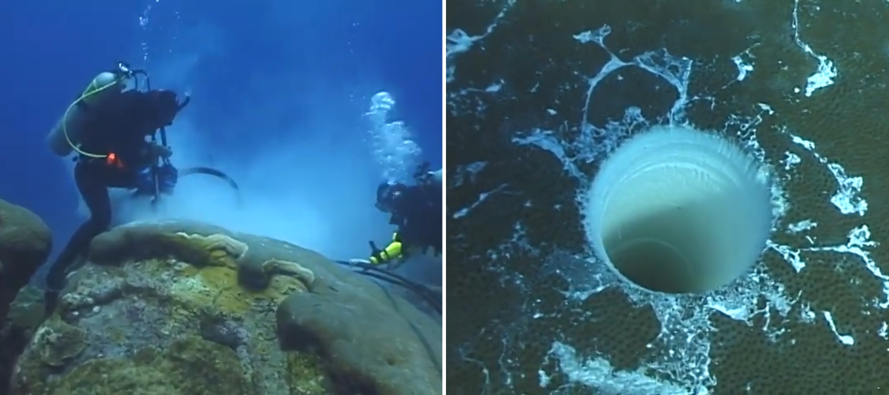 Left: Divers drill into a coral bed. Right: A hole bored into hard coral.