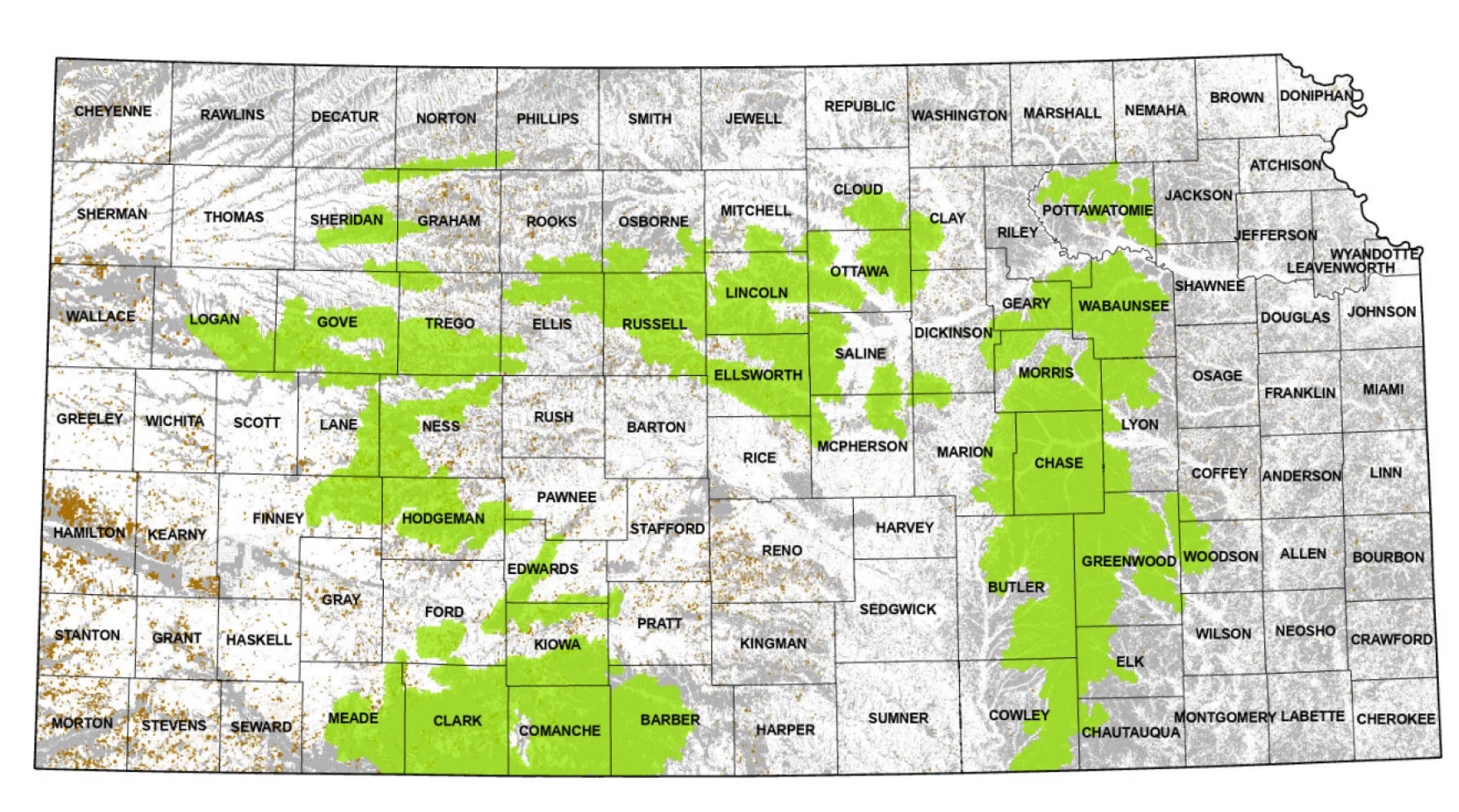 Patches of green covering different Kansas areas on a map of Kansas.