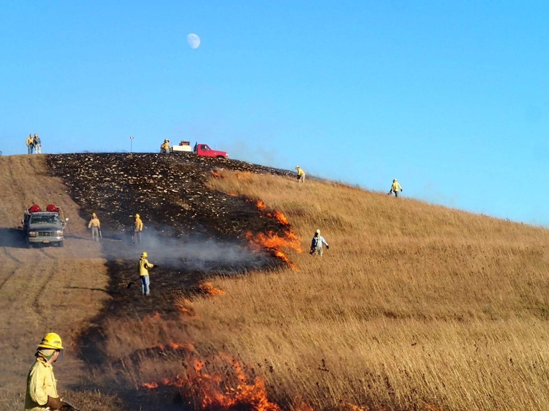 Firefighters quenching a fire blazing on dry grass