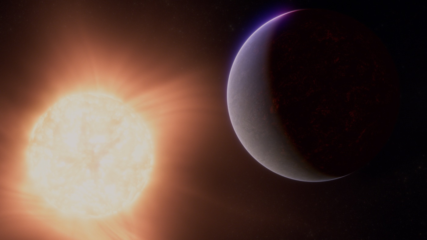 An artist's rendering bright star shining onto a dark exoplanet.