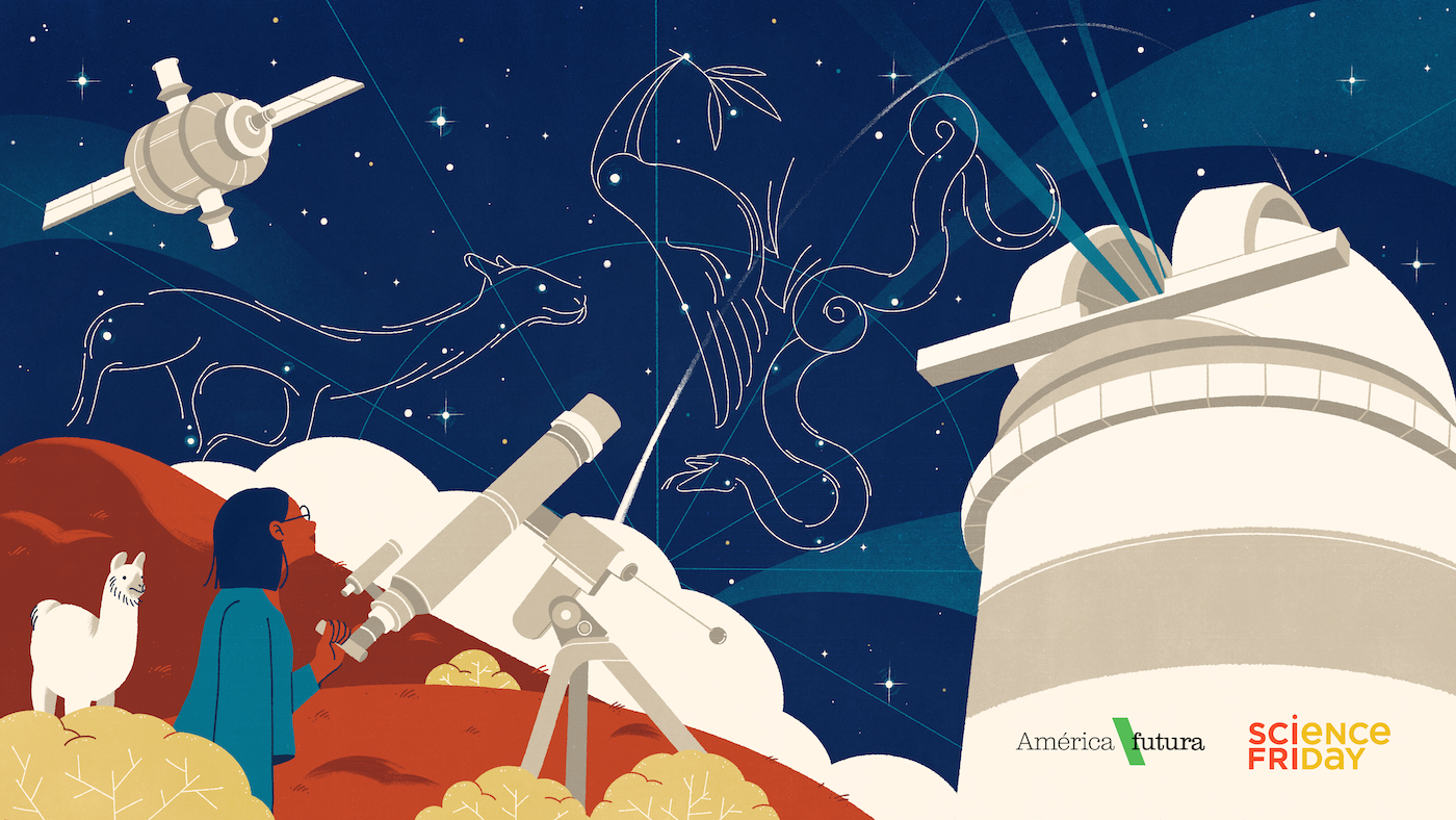 An illustration of a woman looking through a telescope at constellations in the night sky. A llama stands on a hill behind her, with an observatory on the right.