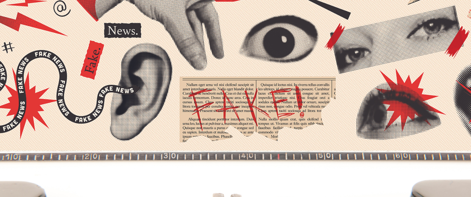 A collage of newspaper, eyes, ears, and mouths that shows an abstraction of how lies spread.