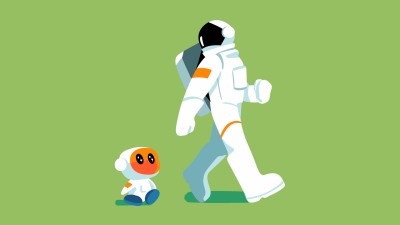 A walking astronaut turns to look over their shoulder and sees a small cartoon-style humanoid robot in a white suit with an orange face and big eyes following along.
