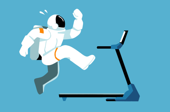 An illustrated astronaut humorously tries to catch up to a treadmill’s pace.