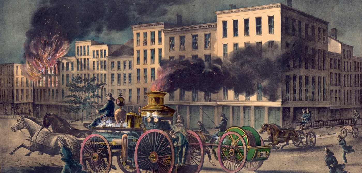 State of the art fire-fighting equipment in 1866 included a horse drawn fire engine accompanied by separate hose and ladder carts.