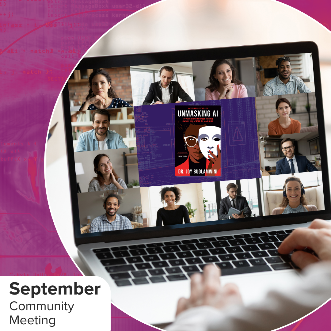 Event promotional image. In the top left corner, SciFri Book Club logo, with event info below, which reads: "September Community Meeting." The image features a person working on a laptop with a group of people on the screen. In the center of the screen is an image of the book, "Unmasking AI." The background is an abstract image in neon purples and fuchsia.