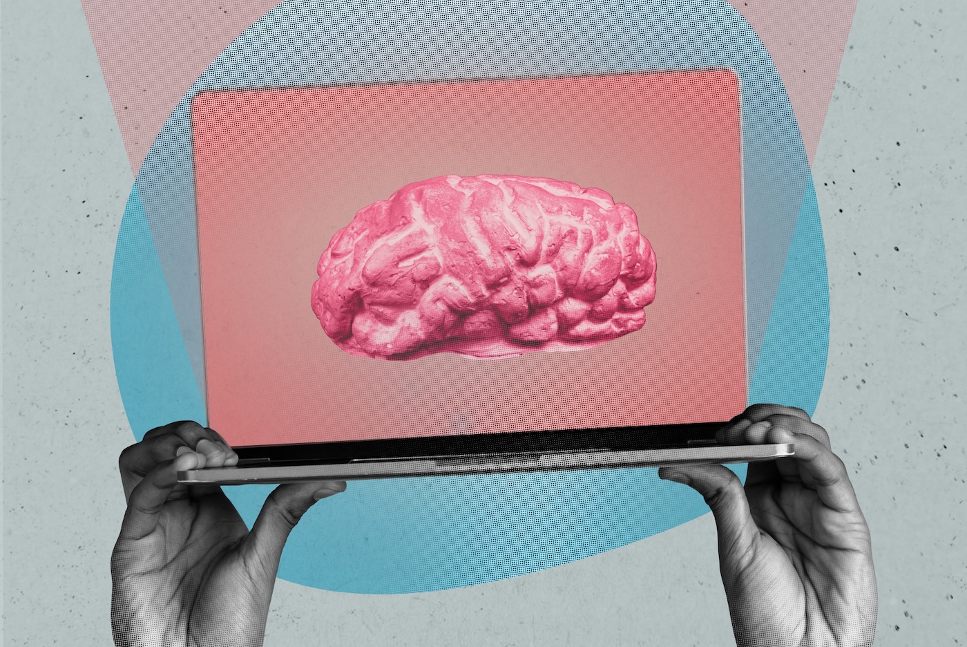 Creative design composite trend artwork collage of anonymous hand hold laptop showing display brain creative smart digital cyberspace