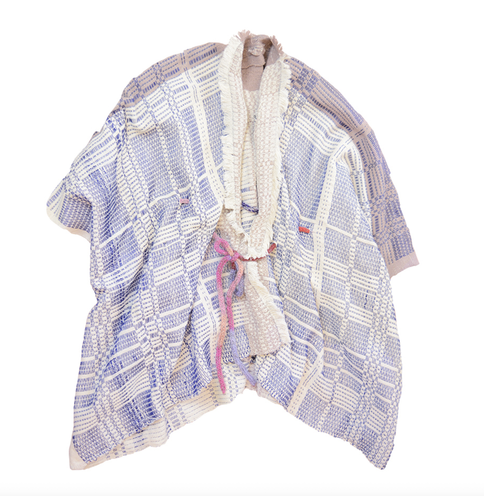 A purple woven cardigan with a pink crochet cord around the waist area