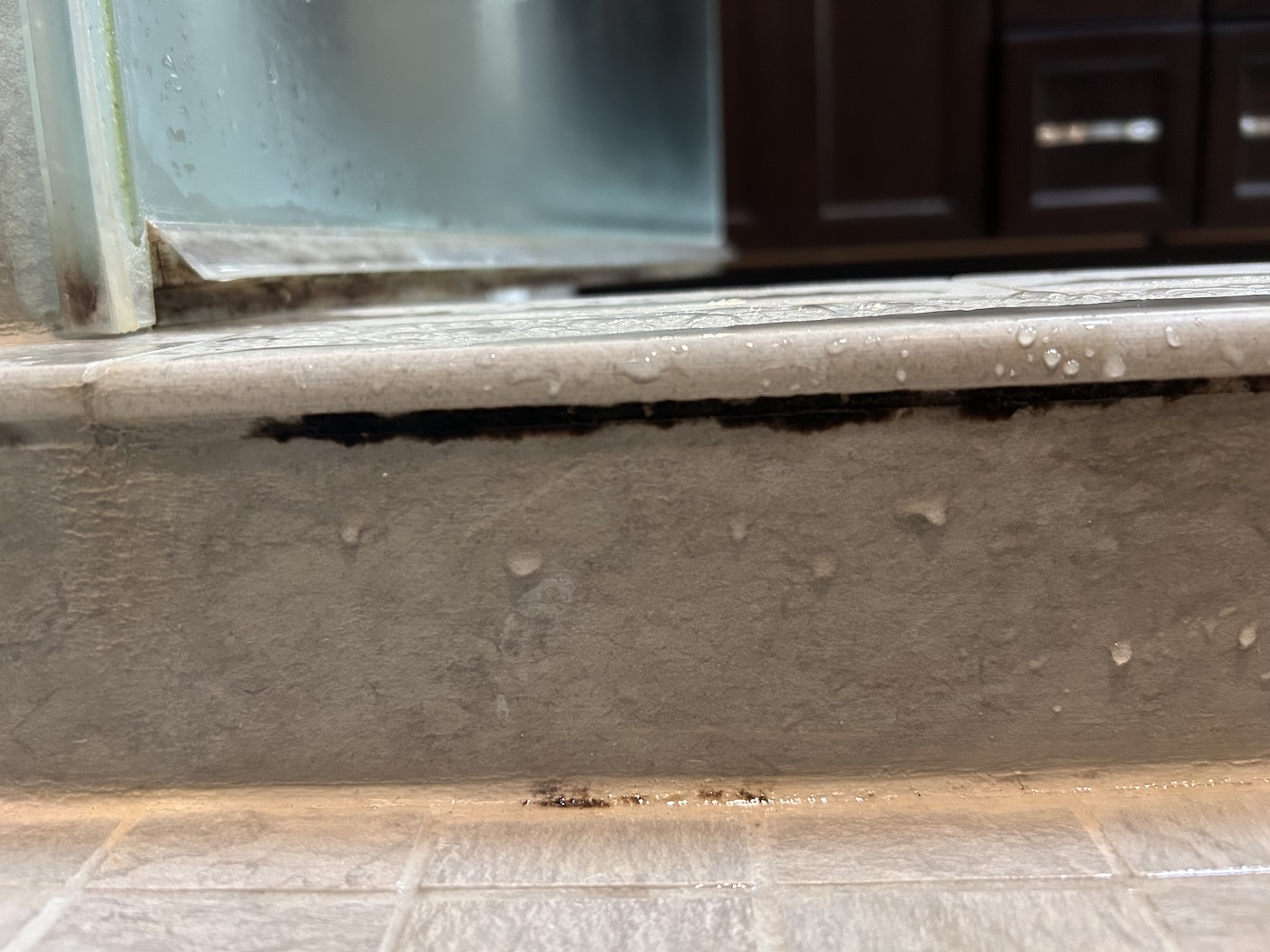 A black line underneath the lip of a shower entrance.