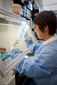 一名妇女在实验室环境中将液体移液到通风橱下的小管中