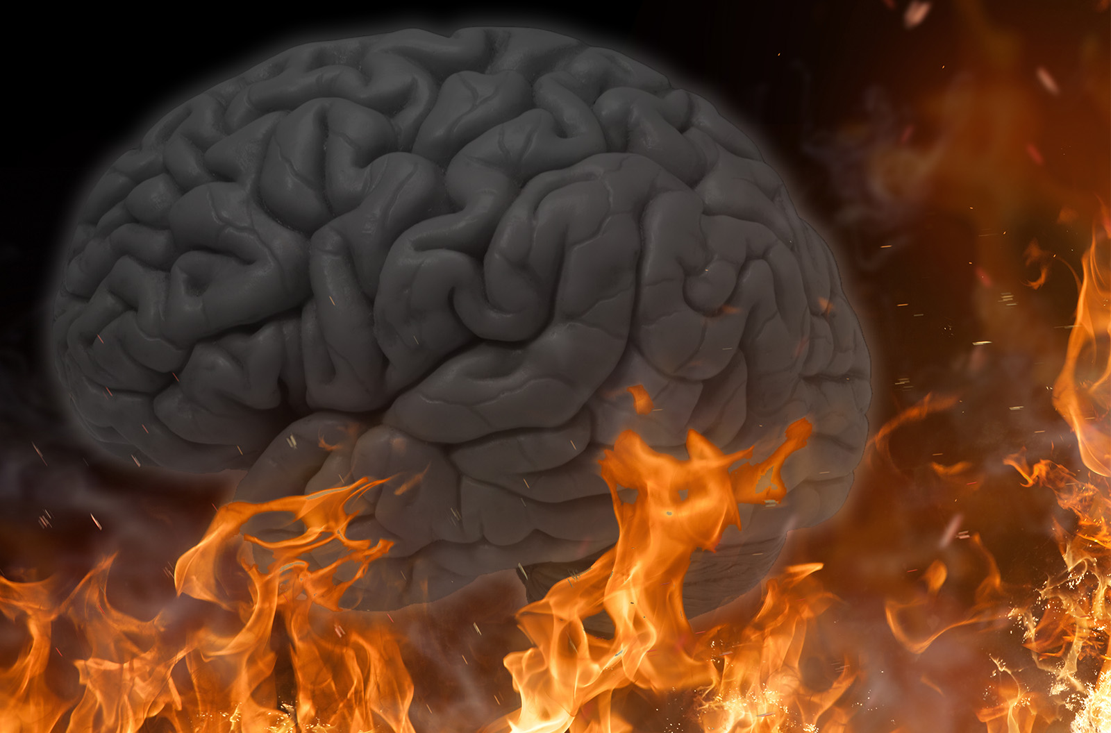 A brain menacingly resting in a pool of flames
