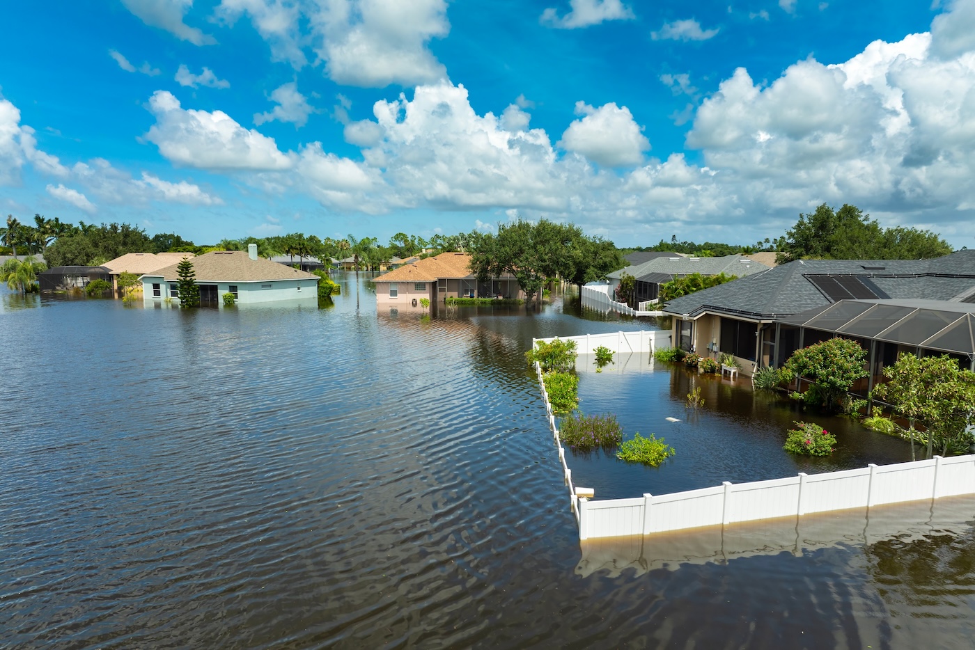 Hurricane flooded homes in residential community in Florida, USA. Aftermath of natural disaster
