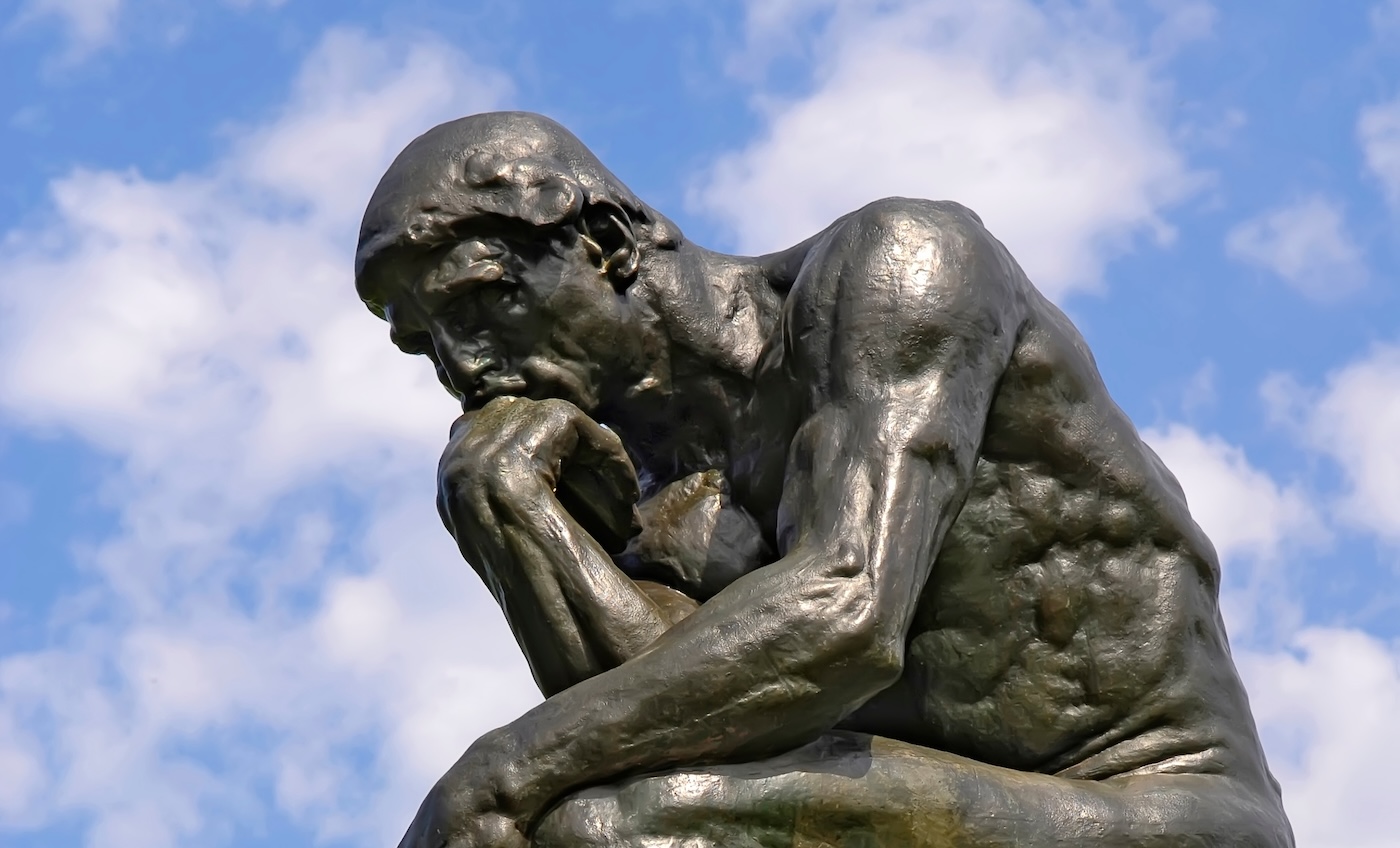 The statue The Thinker 1904 by Auguste Rodin on display at the Frederik Meijer Gardens and Sculpture Park in Grand Rapids Michigan MI USA. Created 07.18.23