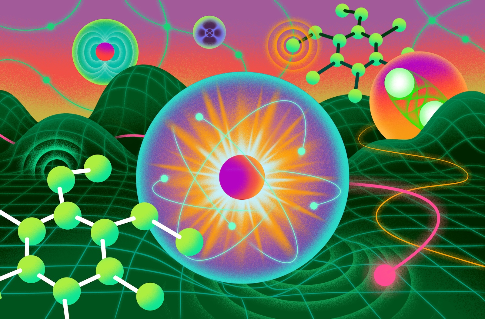 An illustration of various topics in quantum physics like particles and waves