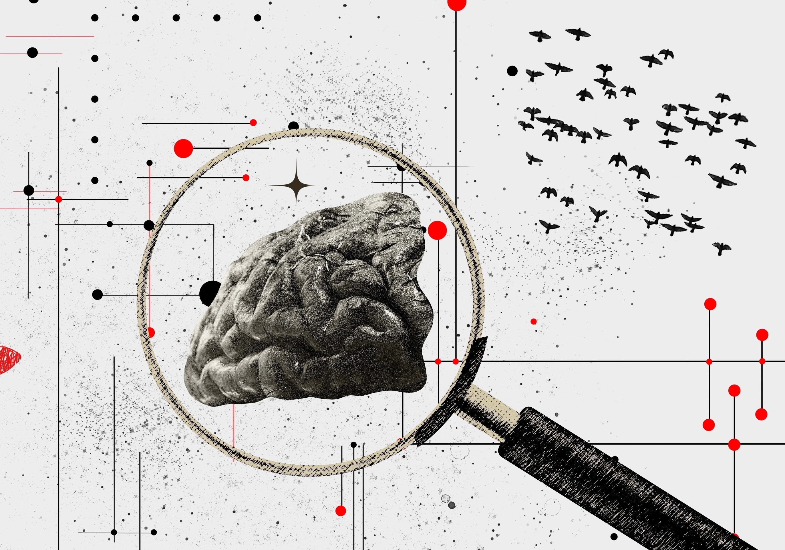 Contemporary art collage. Human mind and cognitive processes through abstract and surreal visuals. Human heads, brains, and surreal elements. Psychology, mental health. health care, awareness concept. lithium, alzheimers