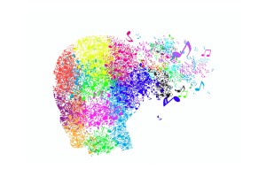 Head profile made up of different colored music notes on a white background.