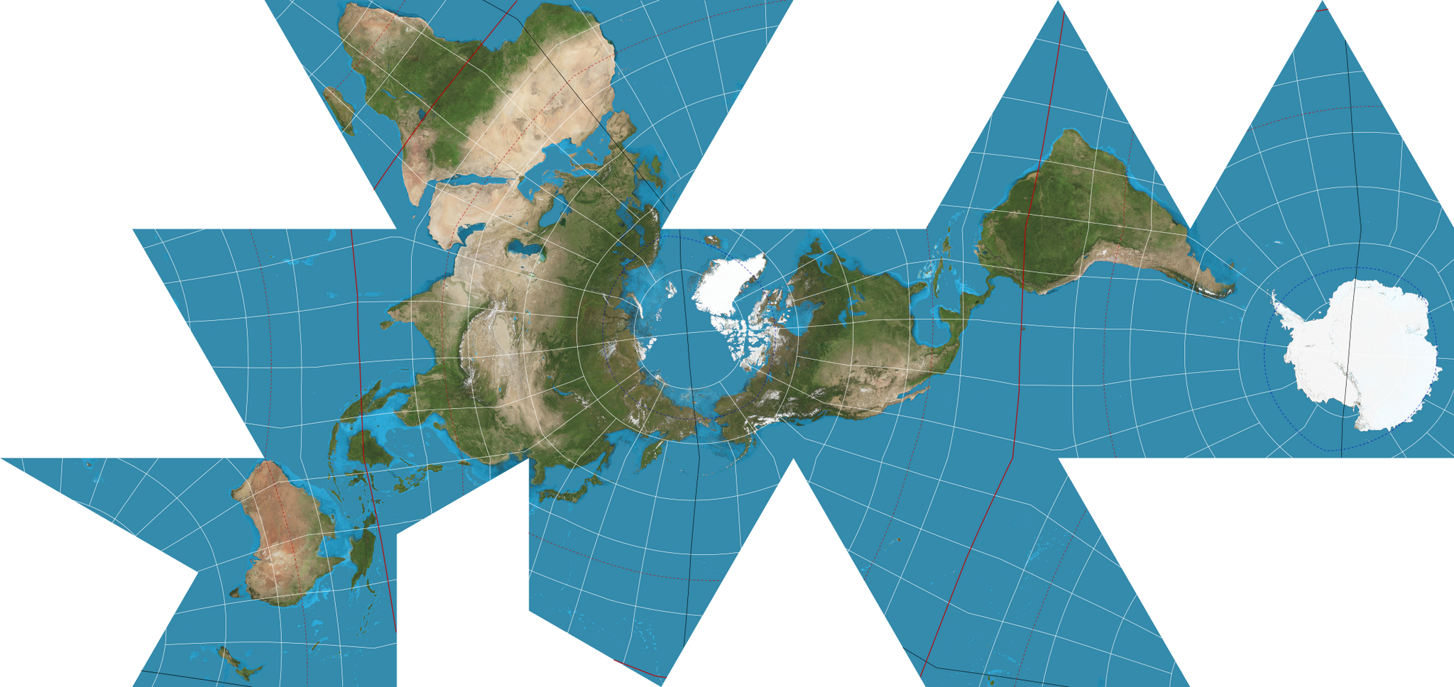 Greenish and brown continents against a blue background across a horizontal world map with protruding triangles.