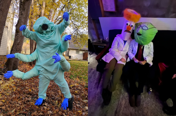 Split image of two Halloween costume photos: a tardigrade on the left and characters Dr. Bunsen Honeydew and Beaker on the right.