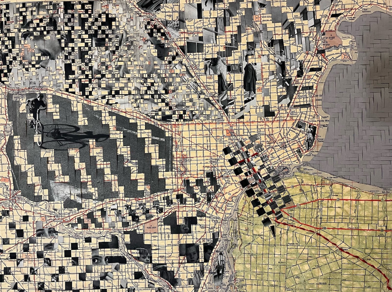 An artistic map showing a city with some images of students collaged as part of the map