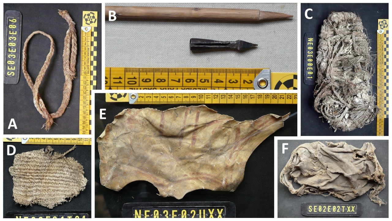 six images of ancient human artifacts found in a bearded vulture's nest.