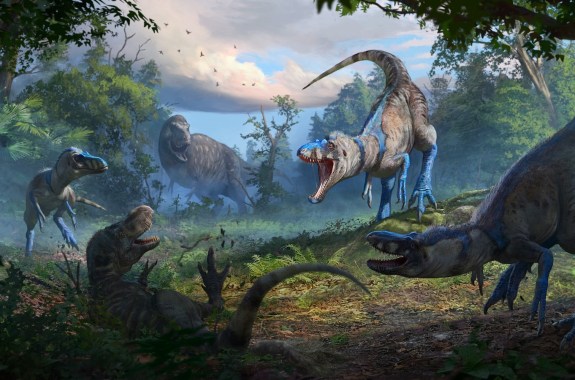 A pack of Nanotyrannus brazenly attacks a juvenile T. rex