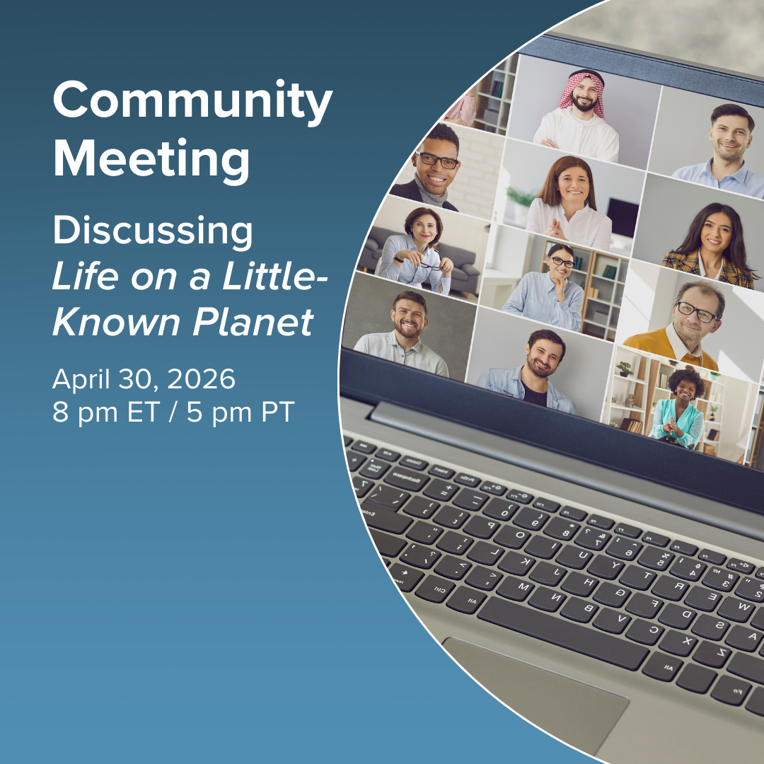 Event promotional image. A laptop screen shows a diverse group of people in boxes on the screen participating in an online meeting. 