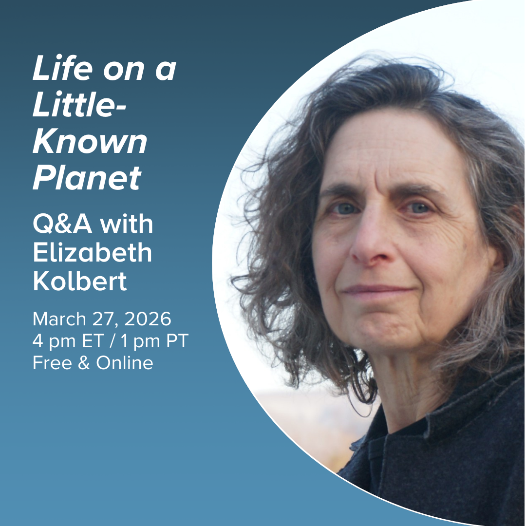 Event promotional image. On the right there is a picture of Elizabeth Kolbert, a woman with curly brown hair and hazel eyes. She wears a a black crewneck cotton shirt.