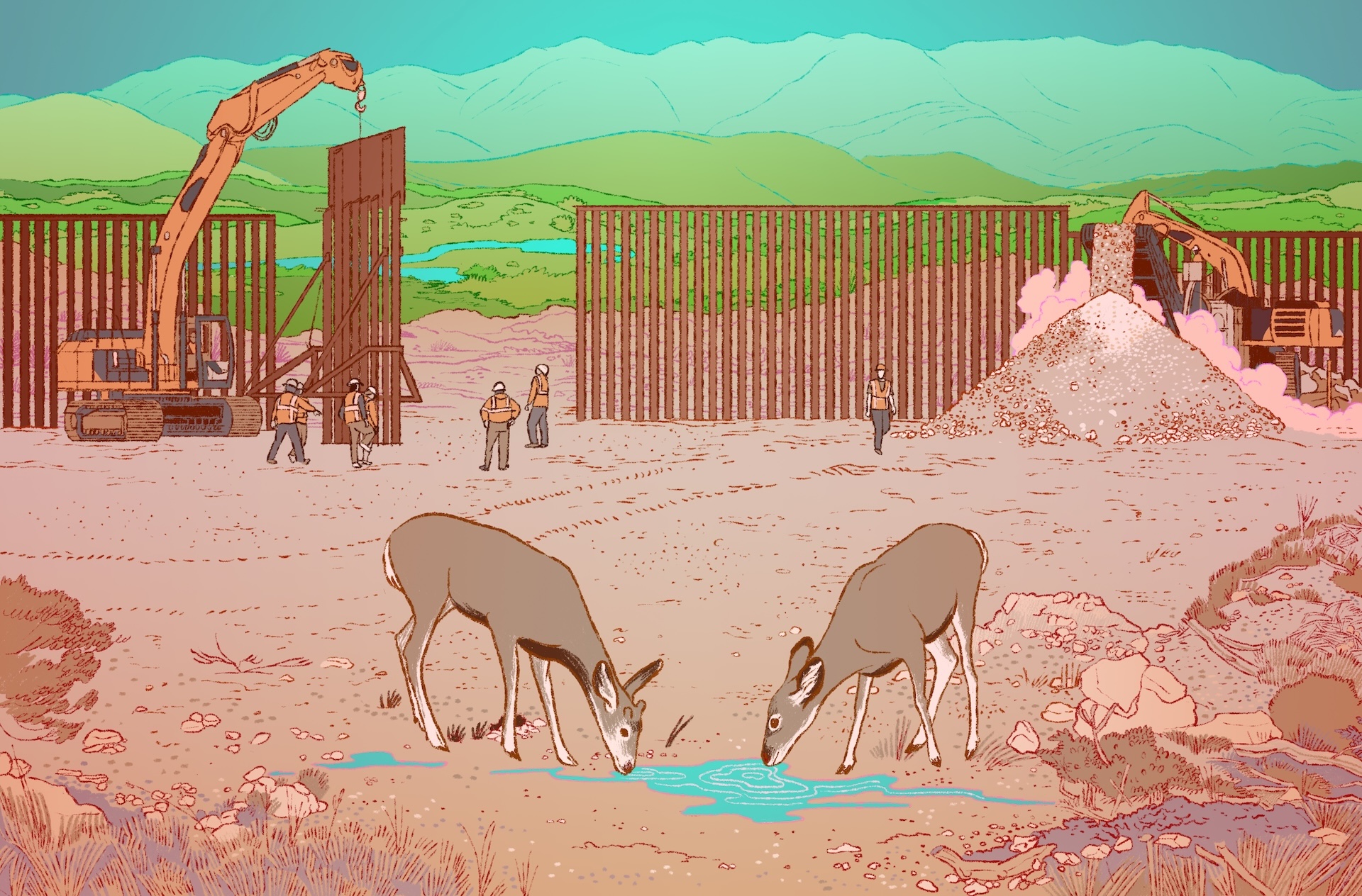 Una illustracion con dos ciervos tomando agua de un charco pequeño en el desierto mientras hombres construyen un muro al fondo.