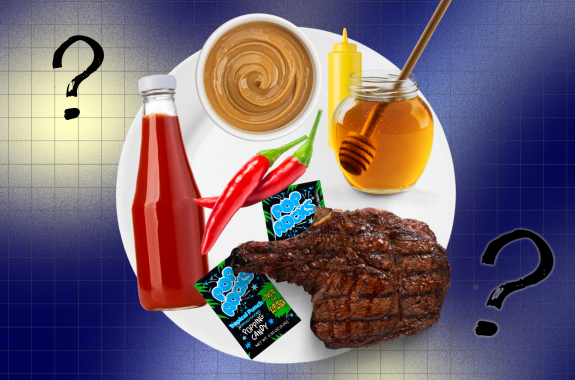 a plate full of foods-- steak, honey, ketchup, pop rocks. Food science trivia