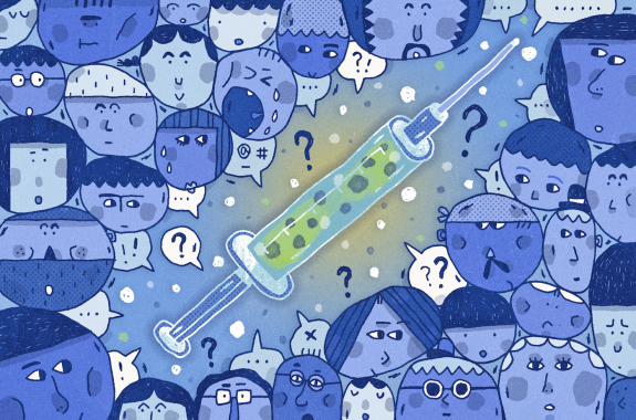 illustration of a bunch of faces looking at a giant vaccine syringe