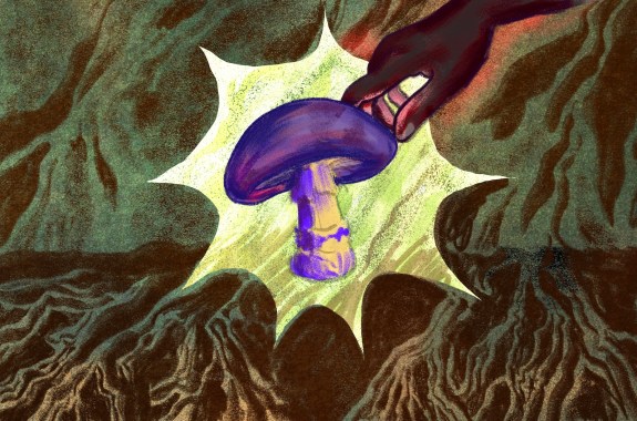 A black hand reaches for a purple mushroom inside a yellow star, against a dark background evoking roots