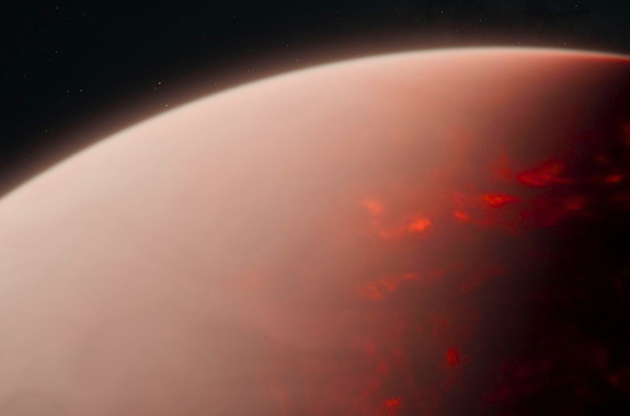 An artists depiction of a red hot planet covered in lava