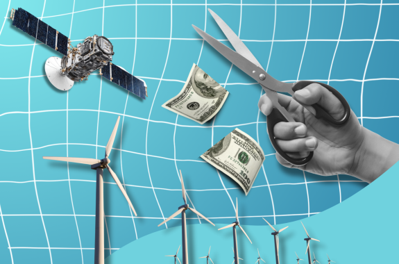 An image composite of a hand cutting money, wind turbines, and a spacecraft