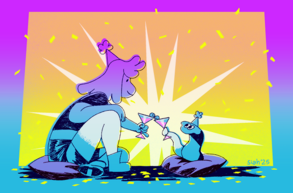 An illustration of a human with a regrown leg toasting a martini with a planarian with a regrown tail.