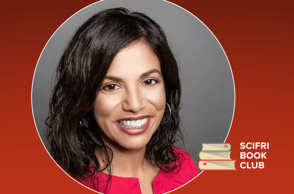 A photo of a Latina woman smiling and wearing in a bright pink blouse. In the corner is a SciFri Book Club logo.