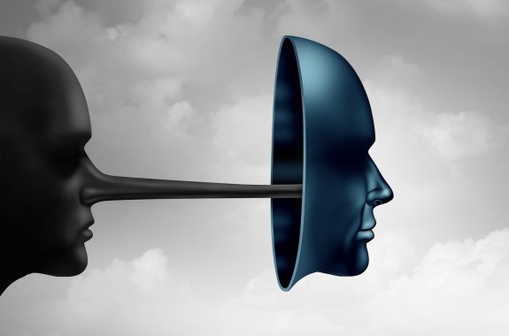 Illustration of the dark profile of a face, with nose extended toward a blue mask