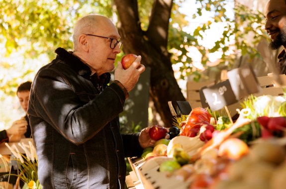 An elderly man smells an apple at a farmers market stand filled with fruits and vegetables on a sunny day.