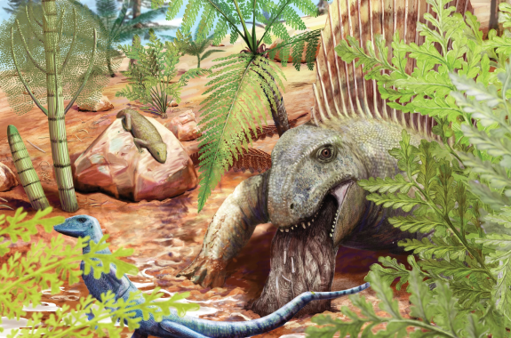 An illustration of a large, sail-backed dinosaur-like creature vomiting up a large brown chunk among leafy plants.