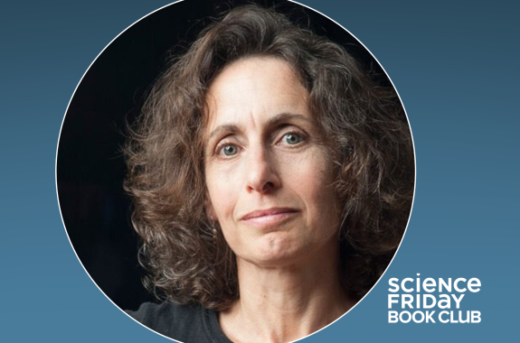 Event promotional image. In the center there is a picture of Elizabeth Kolbert, a woman with curly brown hair and hazel eyes. She wears a a black crewneck cotton shirt. There is a logo that reads "Science Friday Book Club."