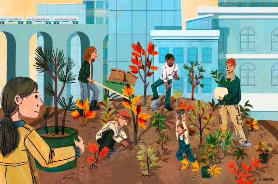 A colorful illustration of people bringing different green and red saplings and planting them on a rounded brown hilltop against a city backdrop of blue buildings.