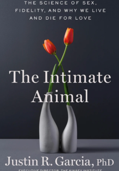 Book cover that has a dark gray background, two white vases containing red roses, and the title, subtitle, and author name.