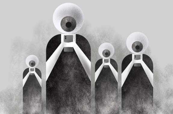 Black and white illustration of 4 human-like forms looking down at smartphones, each with a giant eyeball for a head
