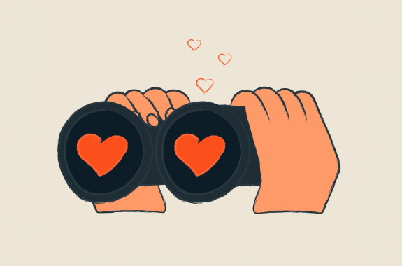 Sketch of two hands holding up black binoculars with red hearts in the lenses