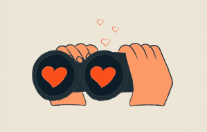 Sketch of two hands holding up black binoculars with red hearts in the lenses