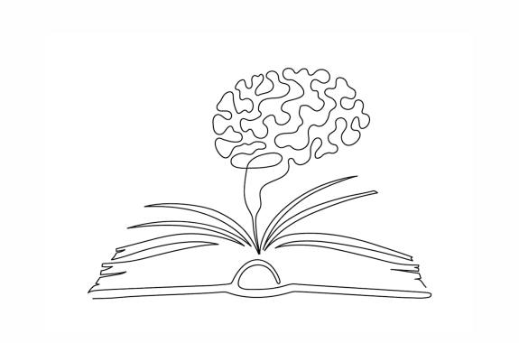 Black-line drawing of a brain floating above an open book