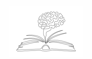 Black-line drawing of a brain floating above an open book