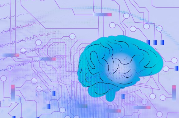 Drawing of a bright blue brain against a purple background filled with technical looking lines, dots, and waves.